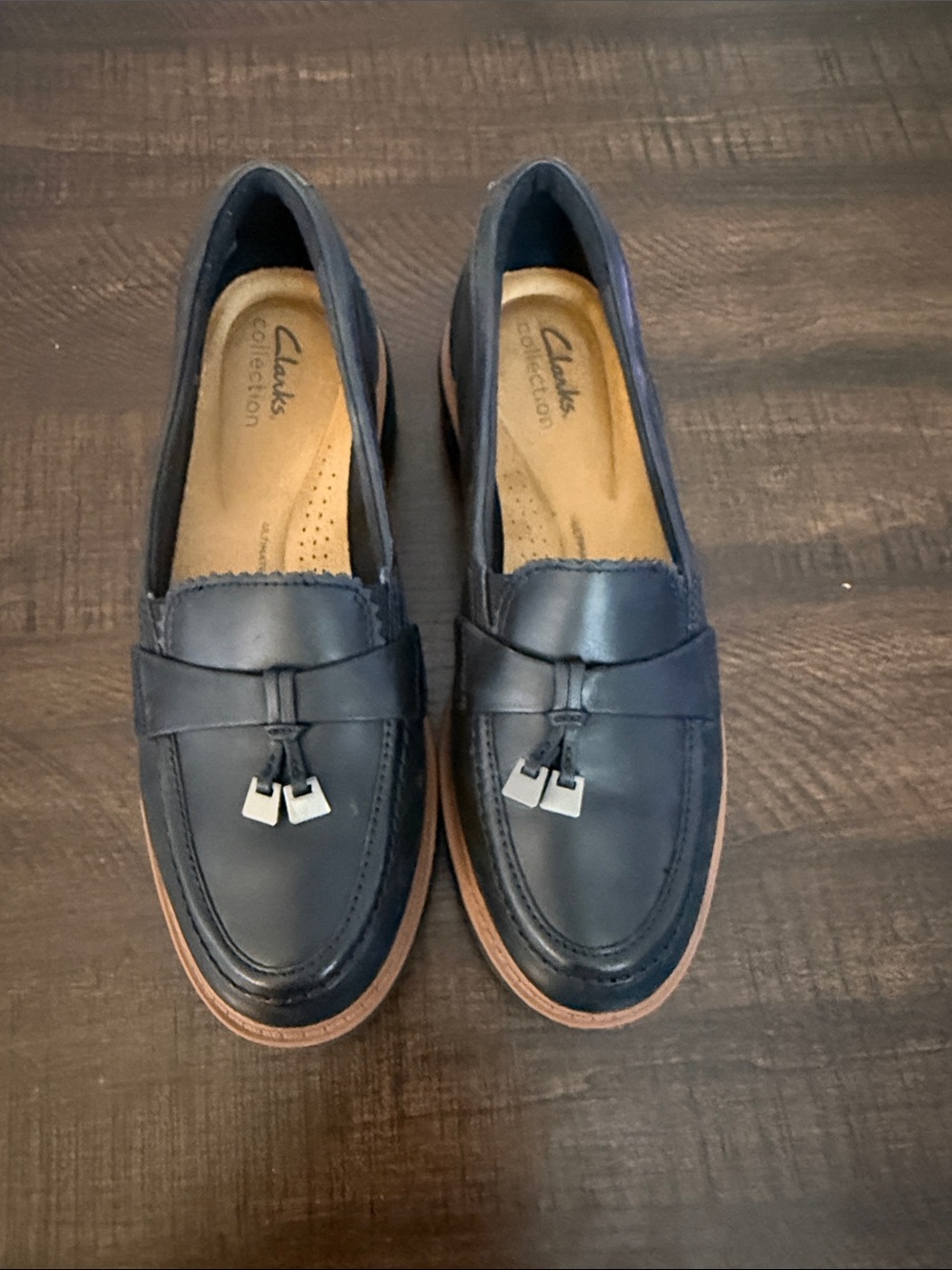 Clarks Navy Leather Tassel Loafers with Brown Sole